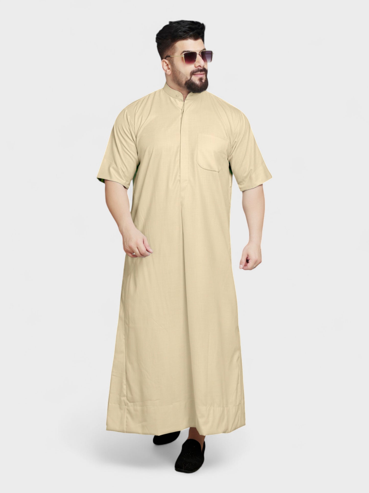 Relaxed Fit Manderin Collar Half Sleeves - Khaki