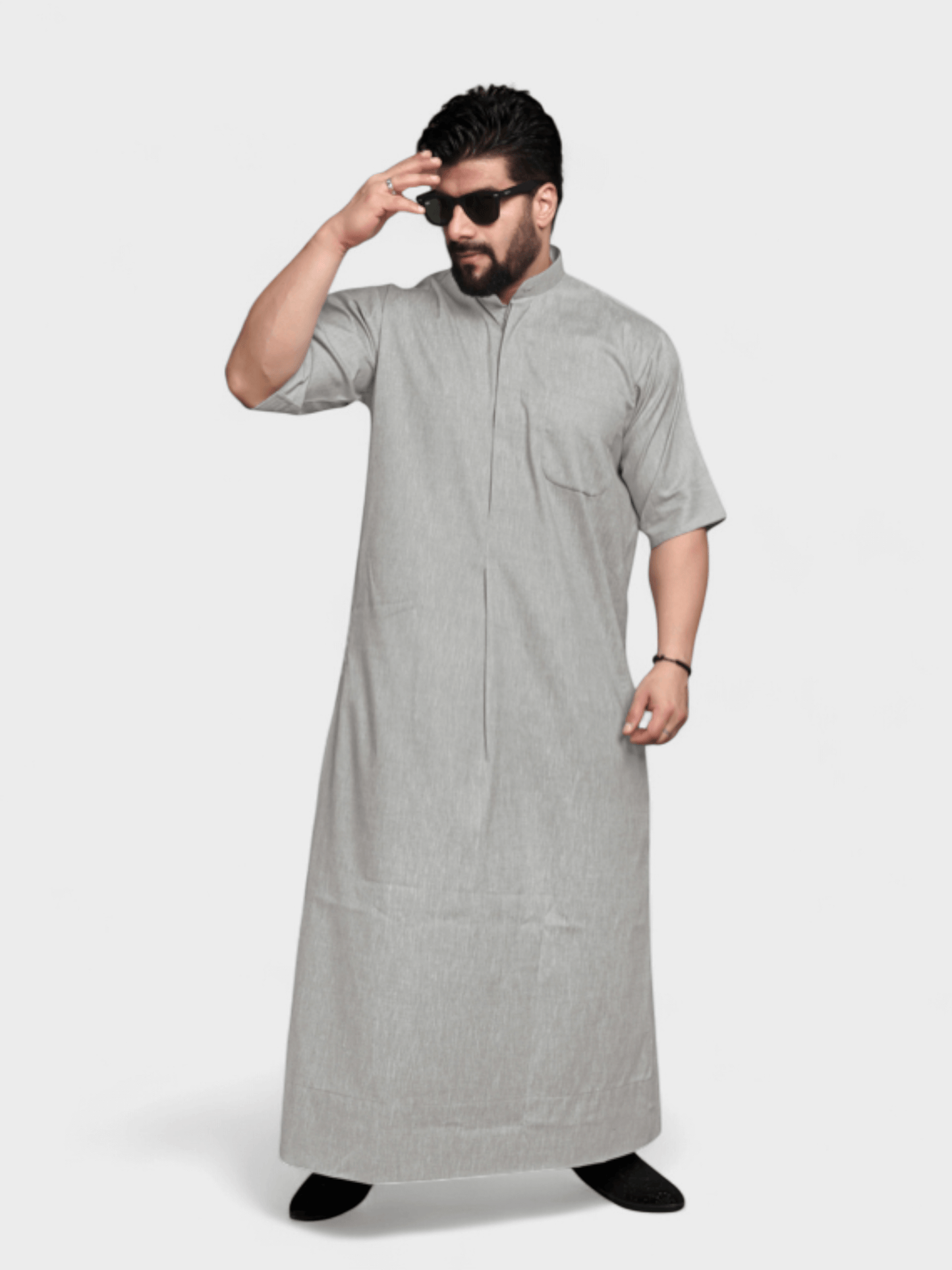 Premium Short-Sleeve Thobe – Relaxed Fit in Soft Heather Grey