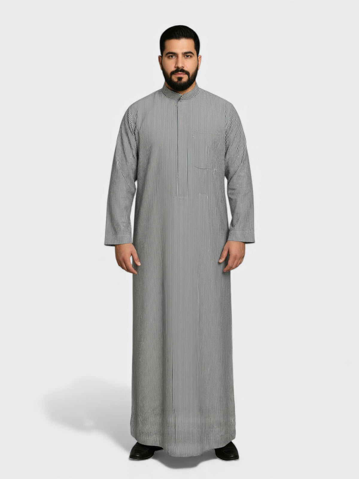 Relaxed Fit Full Sleeves Manderin Collar White/Grey