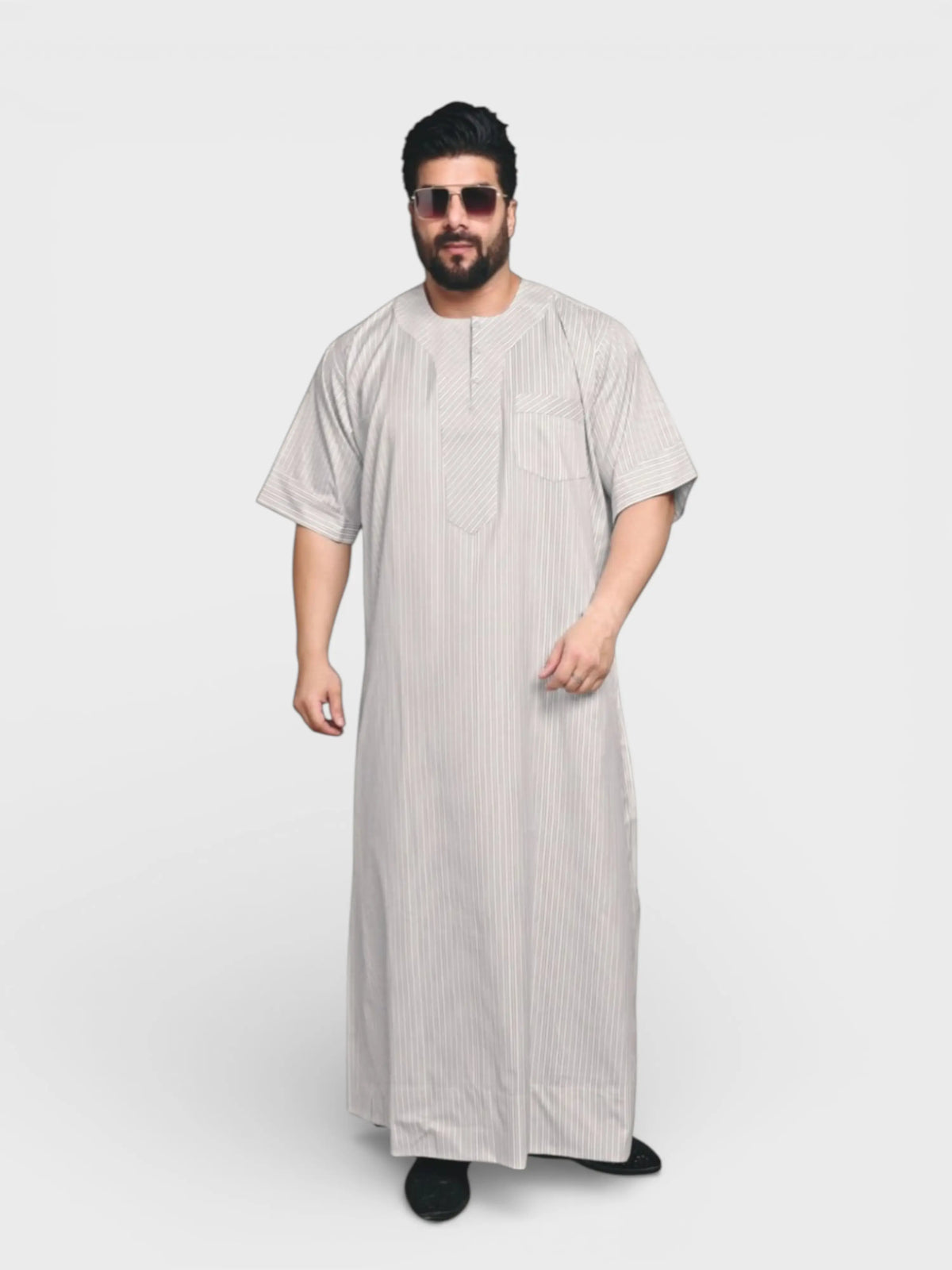Classic Round Neck Striped Half Sleeve Dishdasha - Beige Stripped