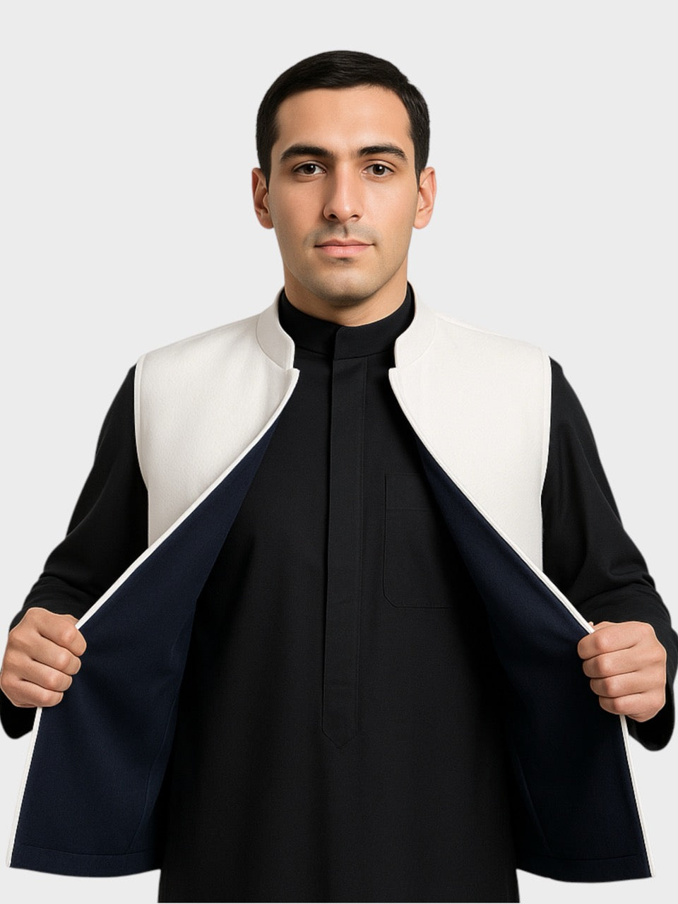 سترة كشميرية وجهين دافئة – صناعة كويتية (أبيض / كحلي)