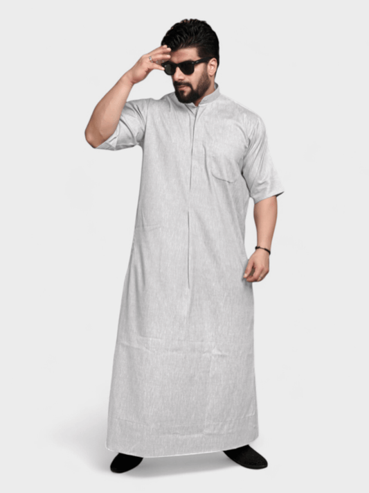Premium Short-Sleeve Thobe – Relaxed Fit in Soft Heather Grey