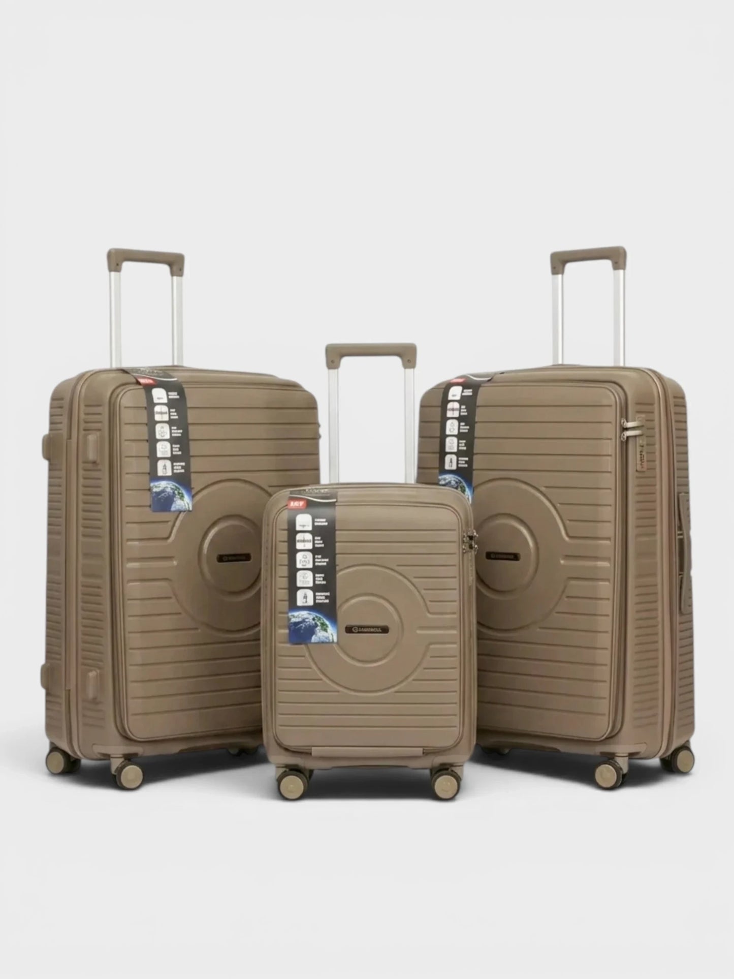 Amara Boutique Store Kuwait three-piece beige hard shell luggage set with spinner wheels and textured finish.