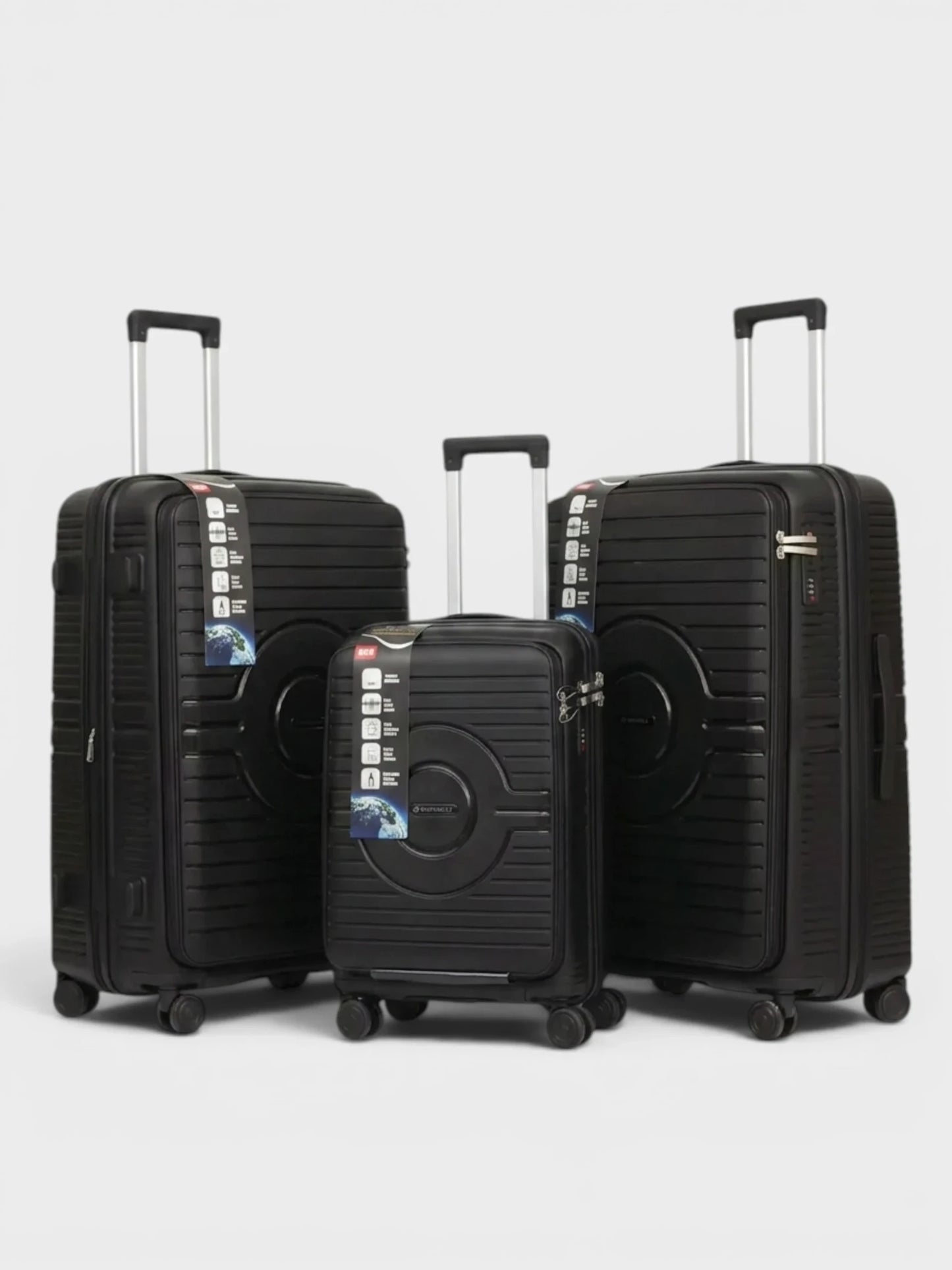 Amara Boutique Store Kuwait 3-piece black hardshell luggage set with spinner wheels and textured scratch-resistant finish