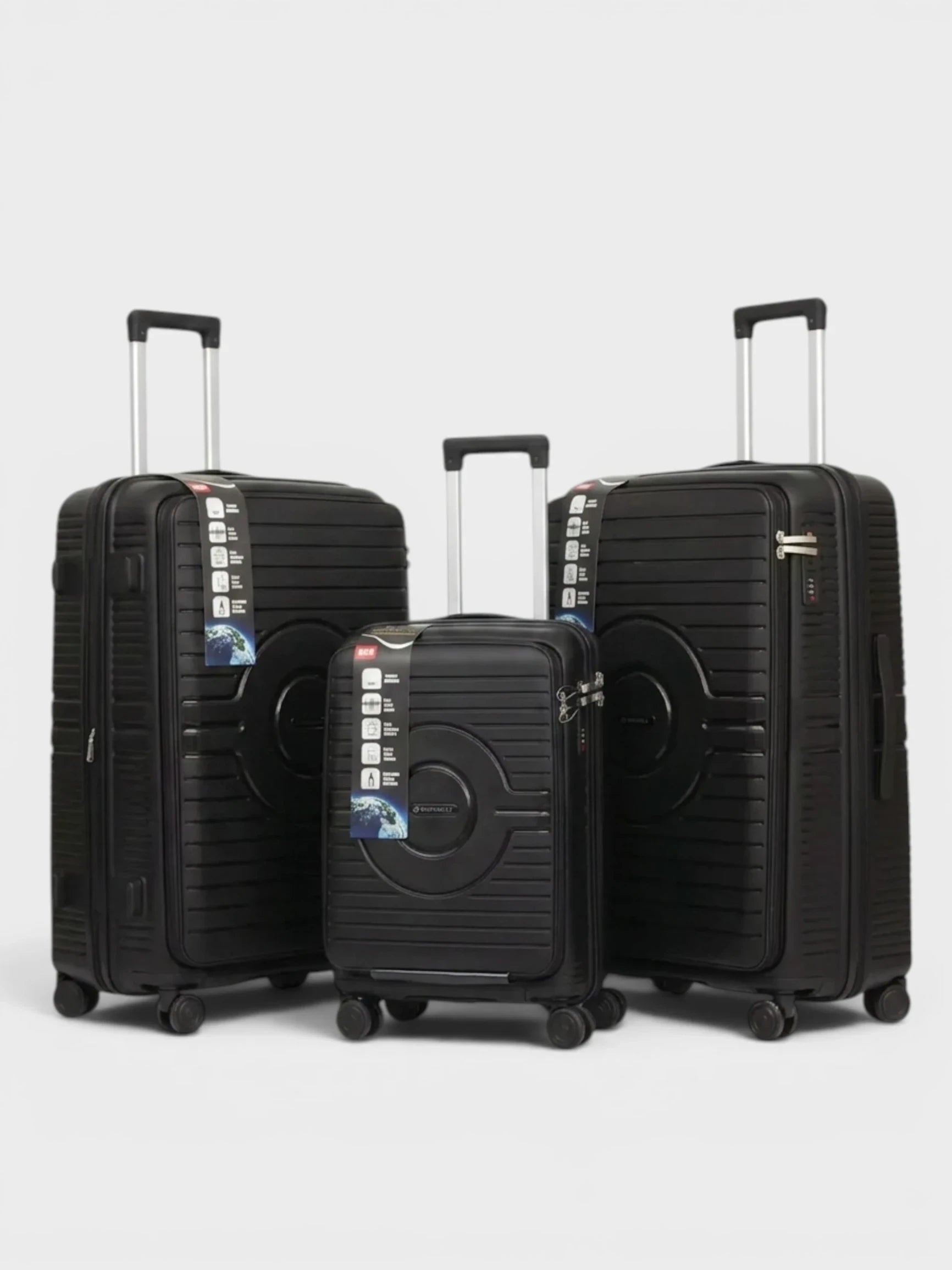 Amara Boutique Store Kuwait 3-piece black hardshell luggage set with spinner wheels and textured scratch-resistant finish