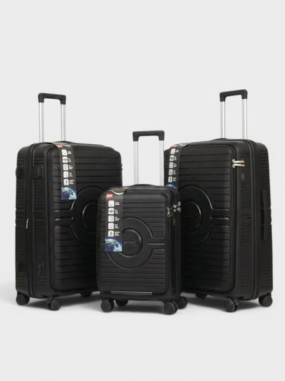 Amara Boutique Store Kuwait 3-piece black hardshell luggage set with spinner wheels and textured scratch-resistant finish