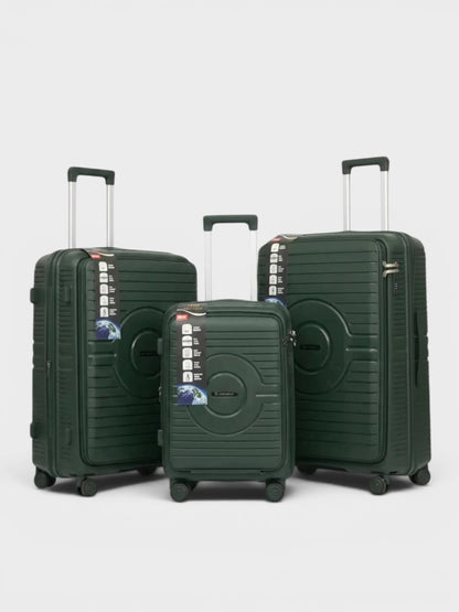 Amara Boutique Store Kuwait 3-piece dark green hardshell luggage set with spinner wheels and TSA locks.