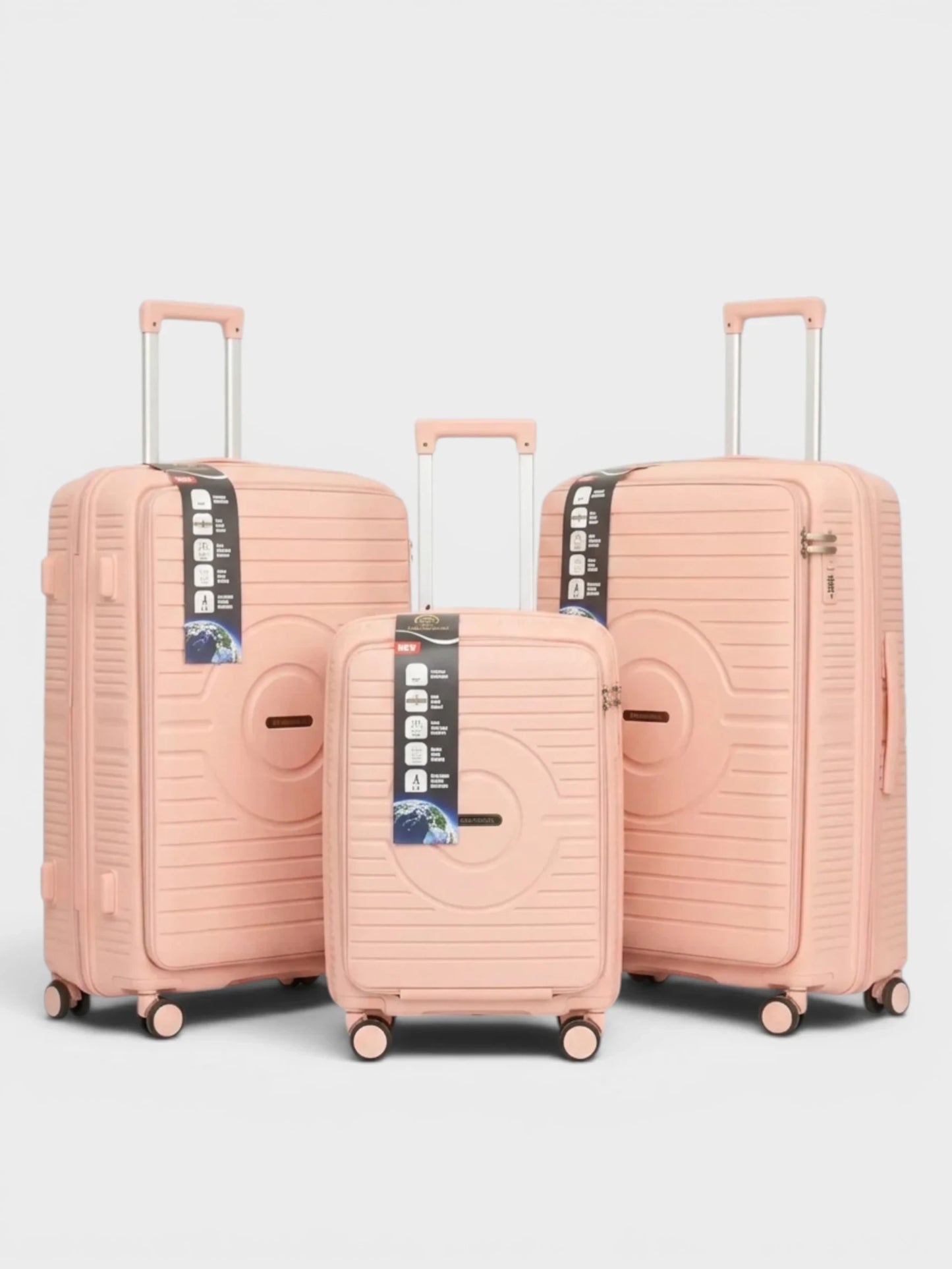 Amara Boutique Store Kuwait 3-piece blush pink hardshell luggage set with spinner wheels and textured finish
