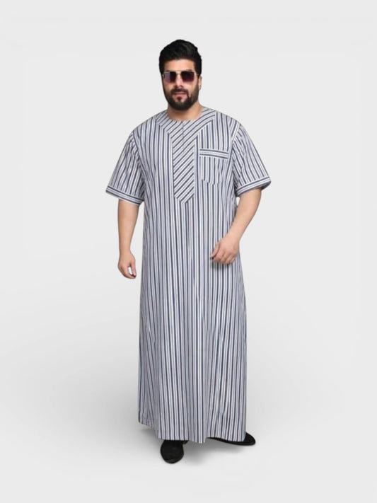 Classic Round Neck Striped Half Sleeve Dishdasha - Blue Stripped