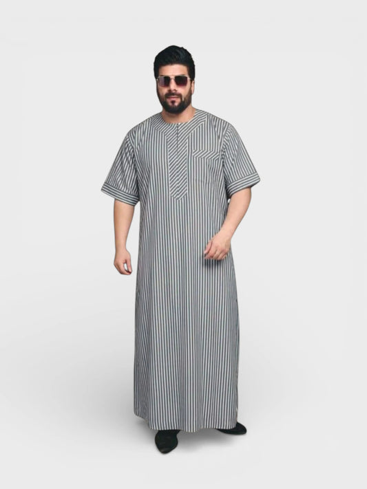 Classic Round Neck Striped Half Sleeve Dishdasha - Grey Stripped